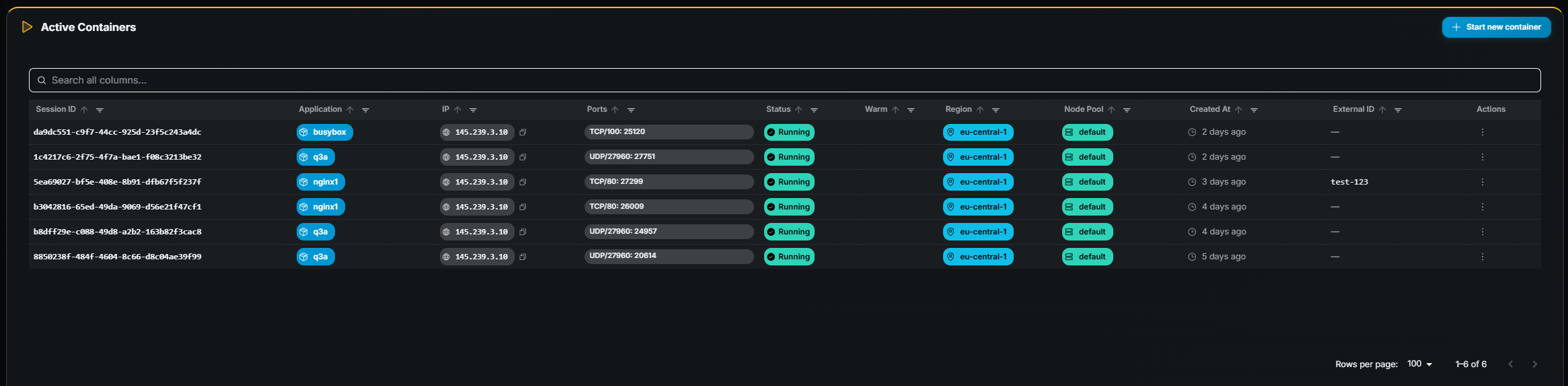 Gameye Admin — Active Containers table