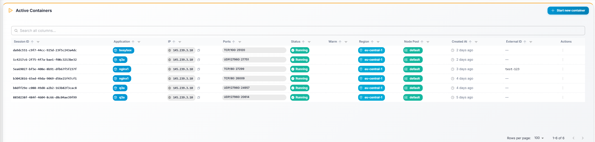 Gameye Admin — Active Containers table