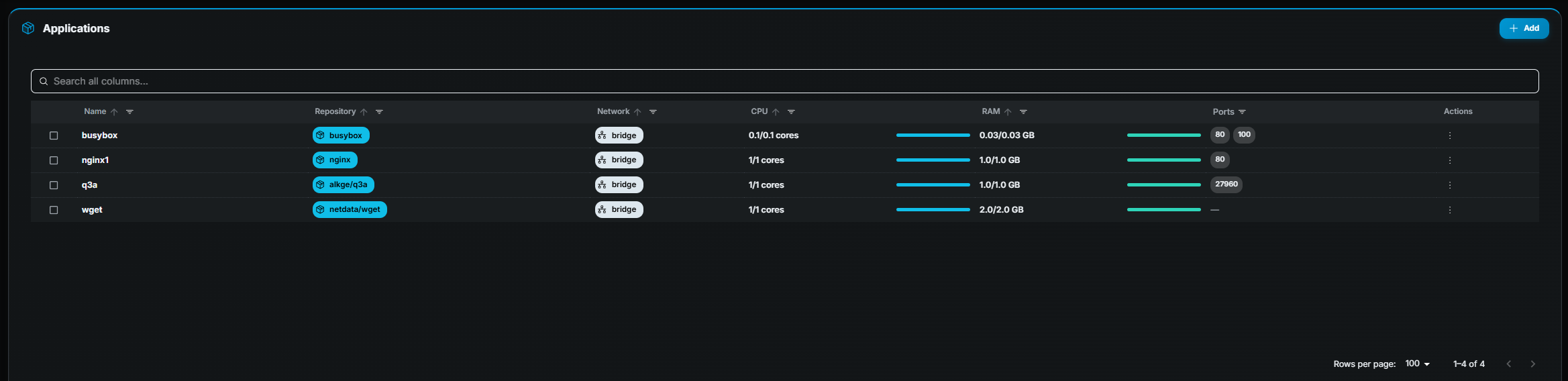 Gameye Admin — Applications table