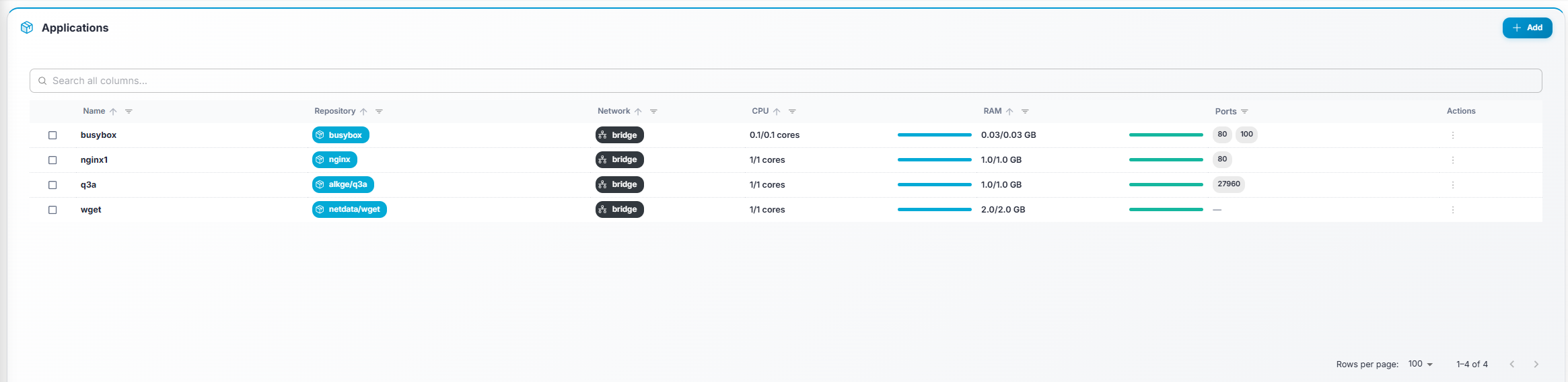 Gameye Admin — Applications table