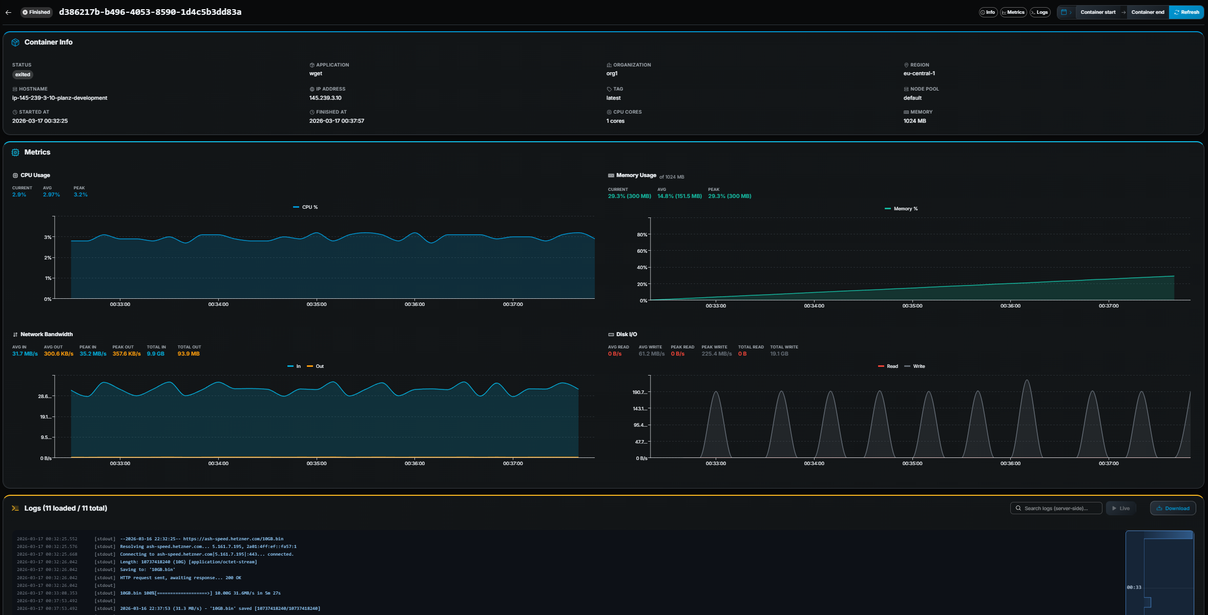 Gameye Admin — Container Details page showing metrics and logs