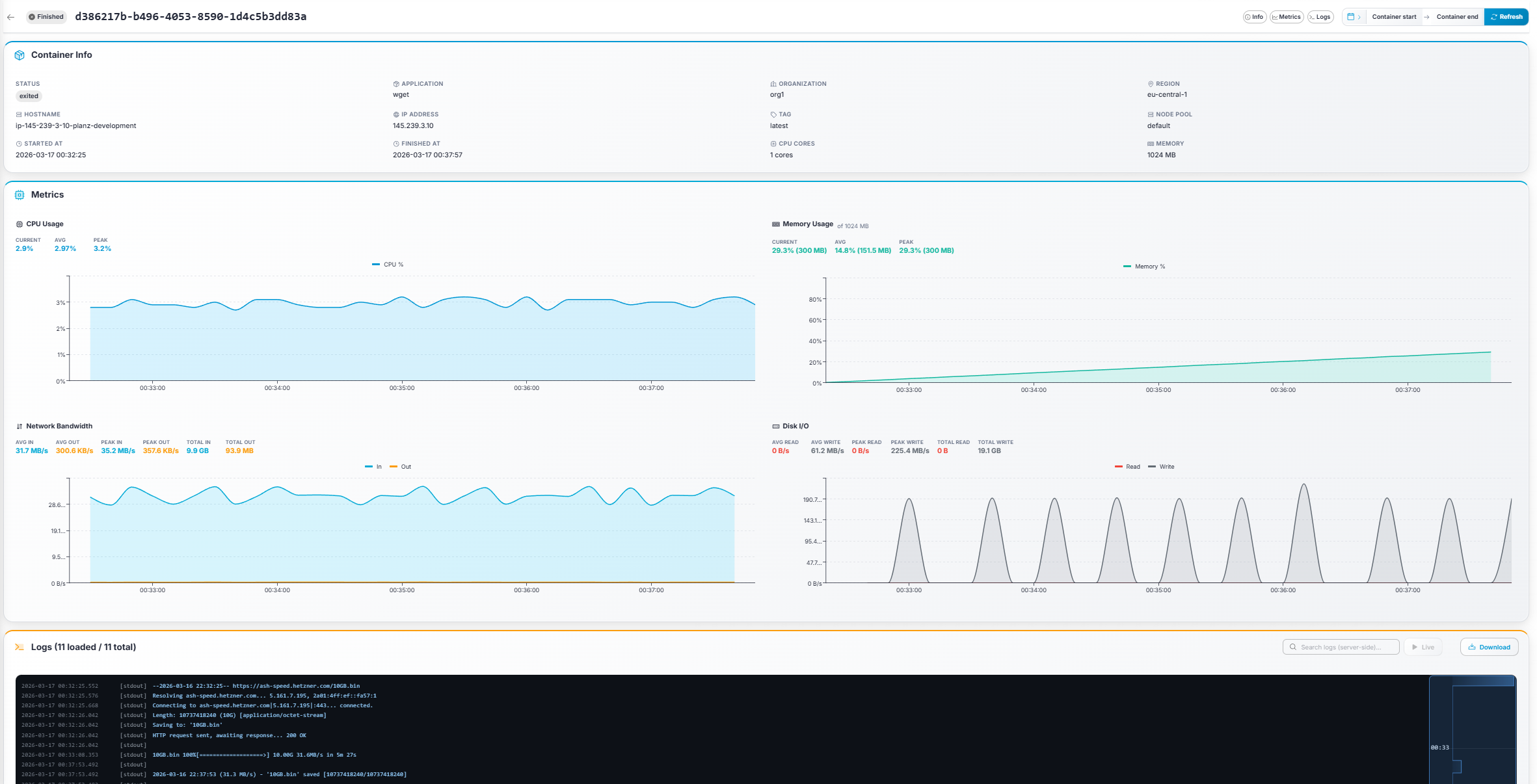 Gameye Admin — Container Details page showing metrics and logs