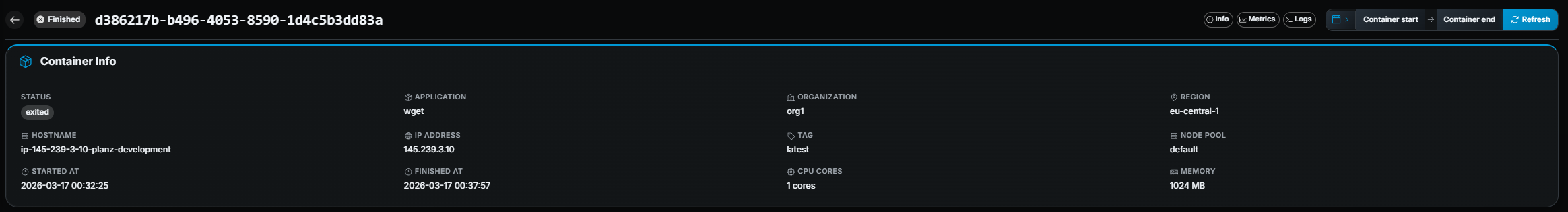 Gameye Admin — Container Details info panel
