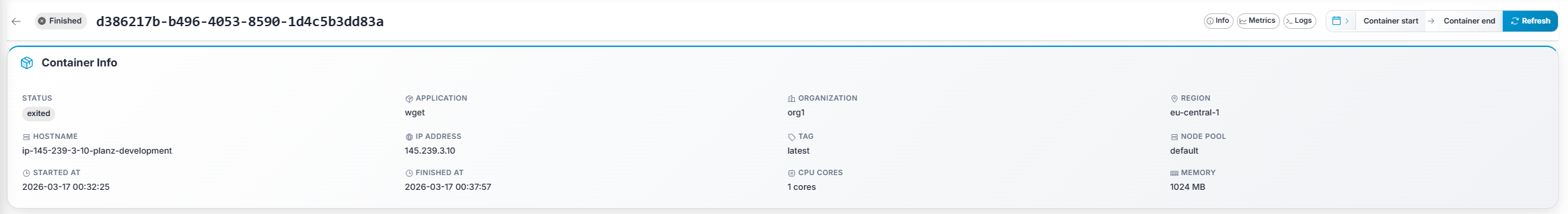 Gameye Admin — Container Details info panel