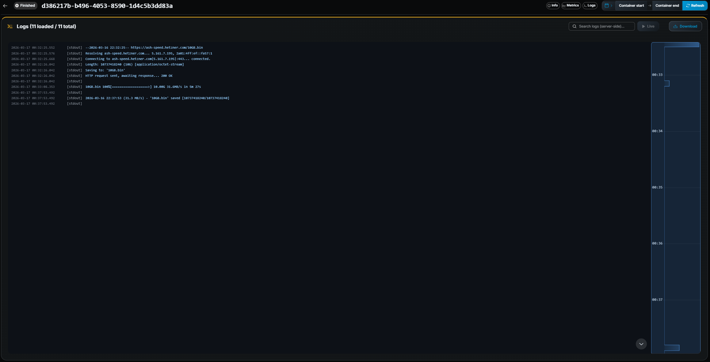 Gameye Admin — Container Details logs panel