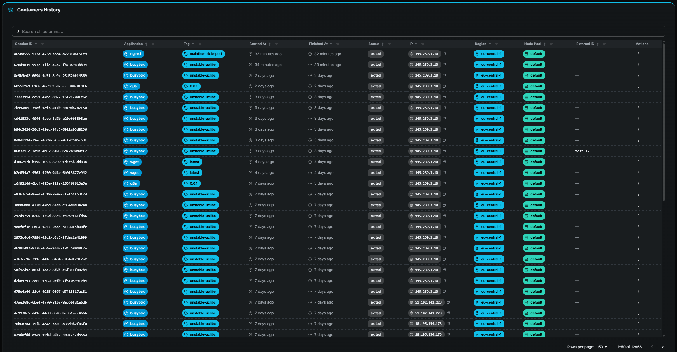 Gameye Admin — Containers History table