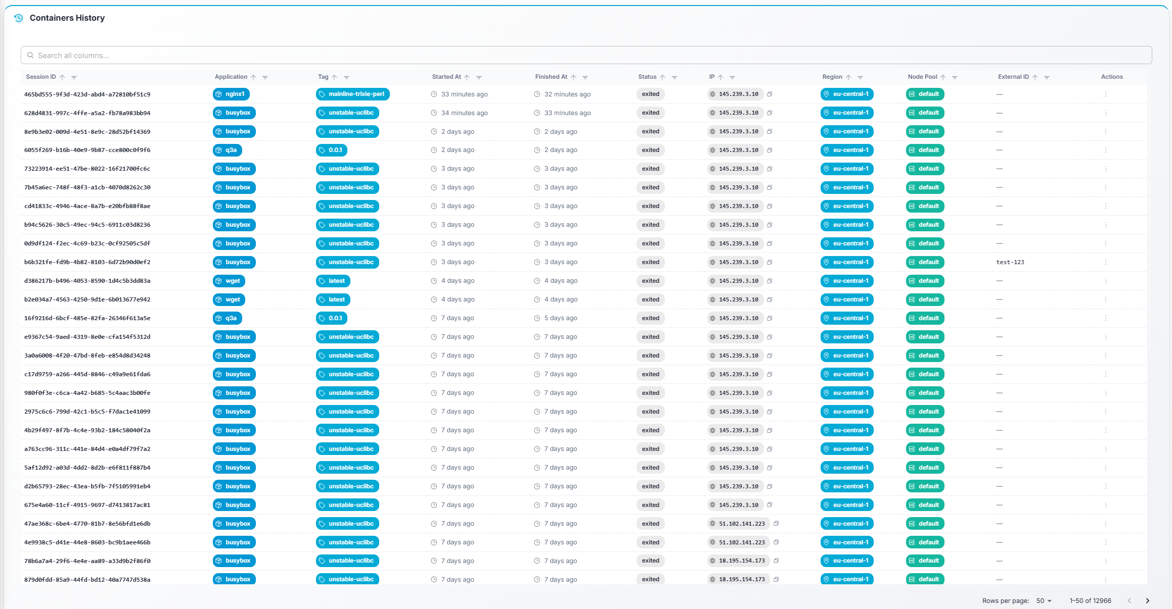 Gameye Admin — Containers History table