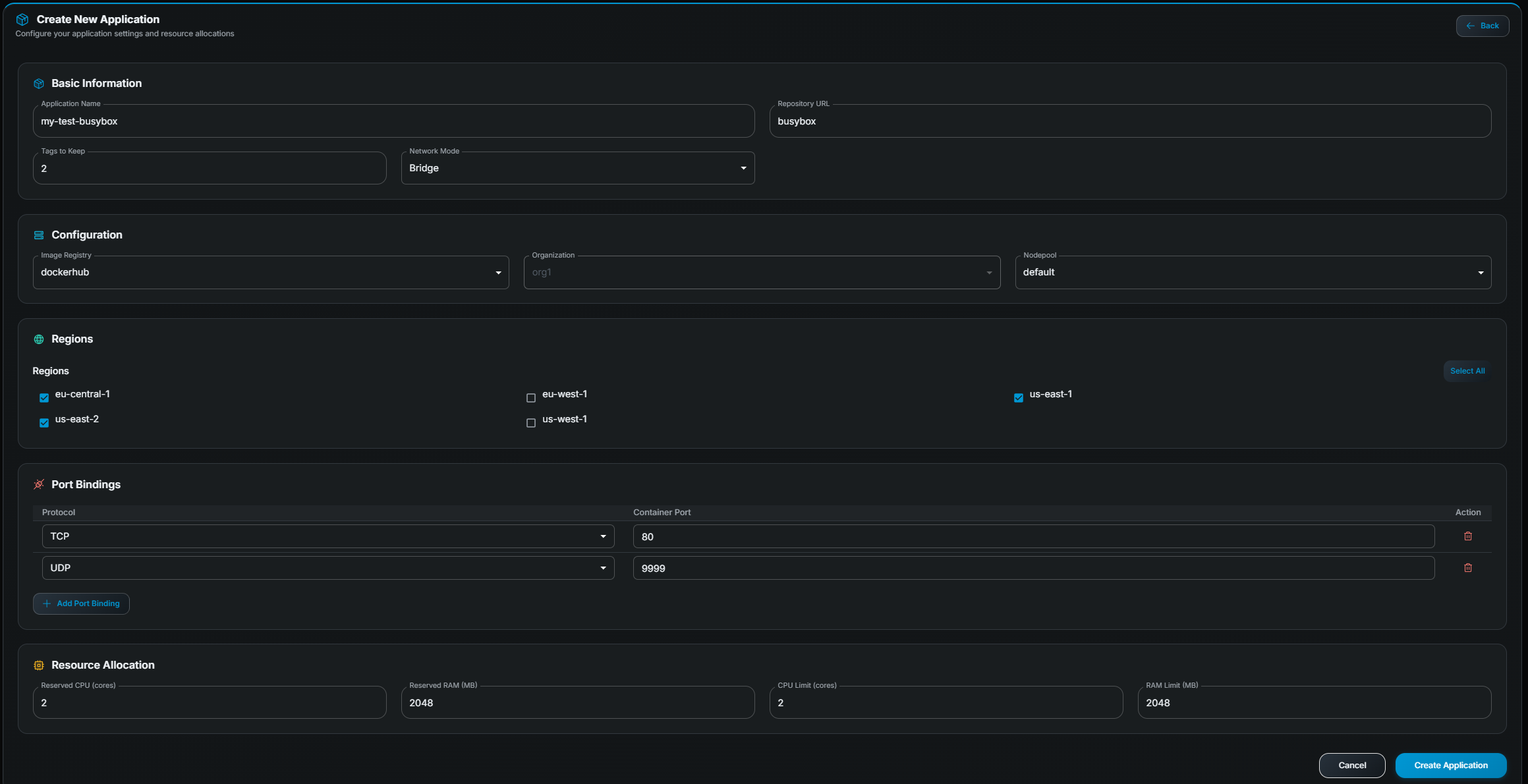 Gameye Admin — Application creation form