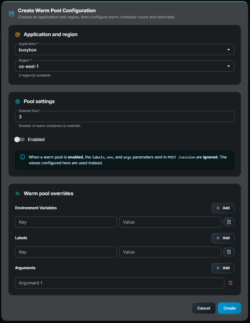 Gameye Admin — Add Warm Pool modal