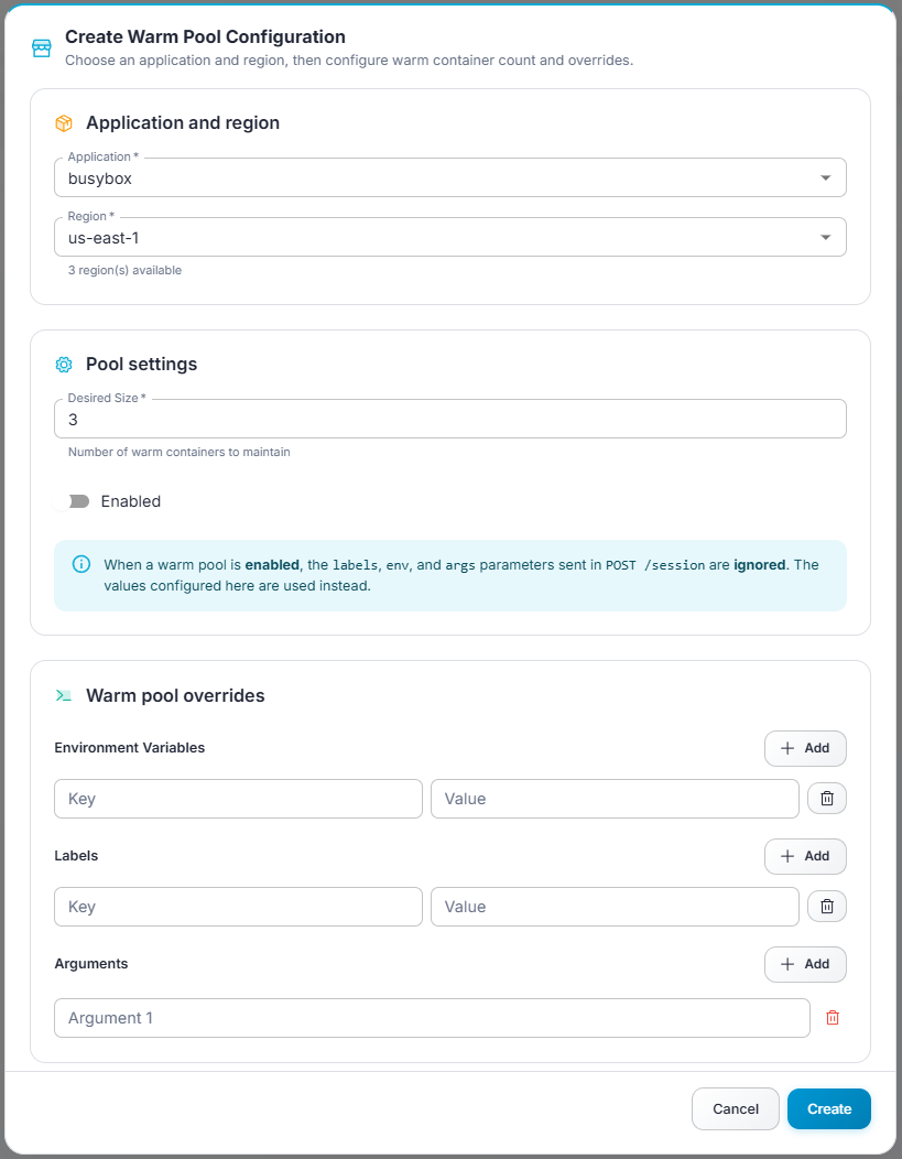 Gameye Admin — Add Warm Pool modal