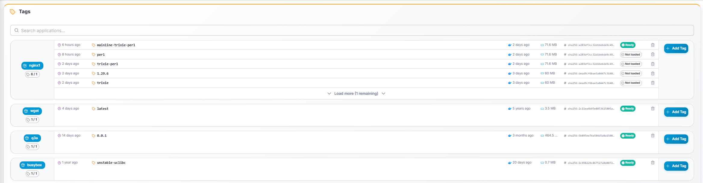 Gameye Admin — Tags page with application cards
