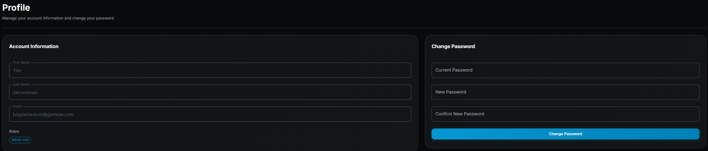 Gameye Admin — Profile page