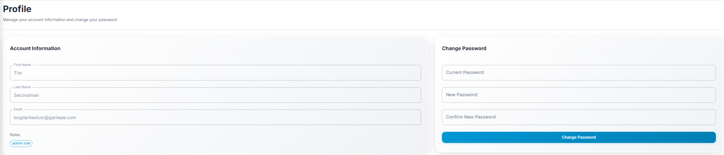 Gameye Admin — Profile page